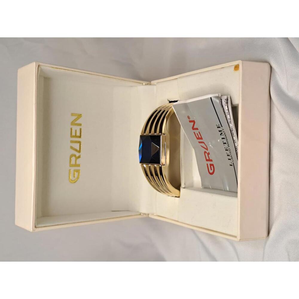 Vintage Gruen Secret Watch Bangle Bracelet Full Set Blue Crystal 1990s